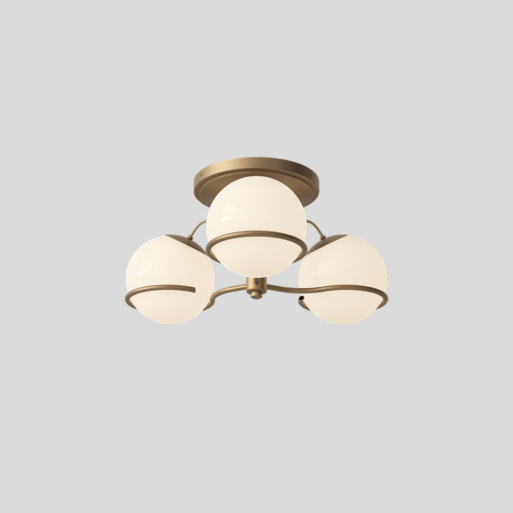 Astep Model 2042/3 Ceiling Lamp with three opaline glass globes mounted on an elegant brass frame, creating soft ambient light and mid-century charm.