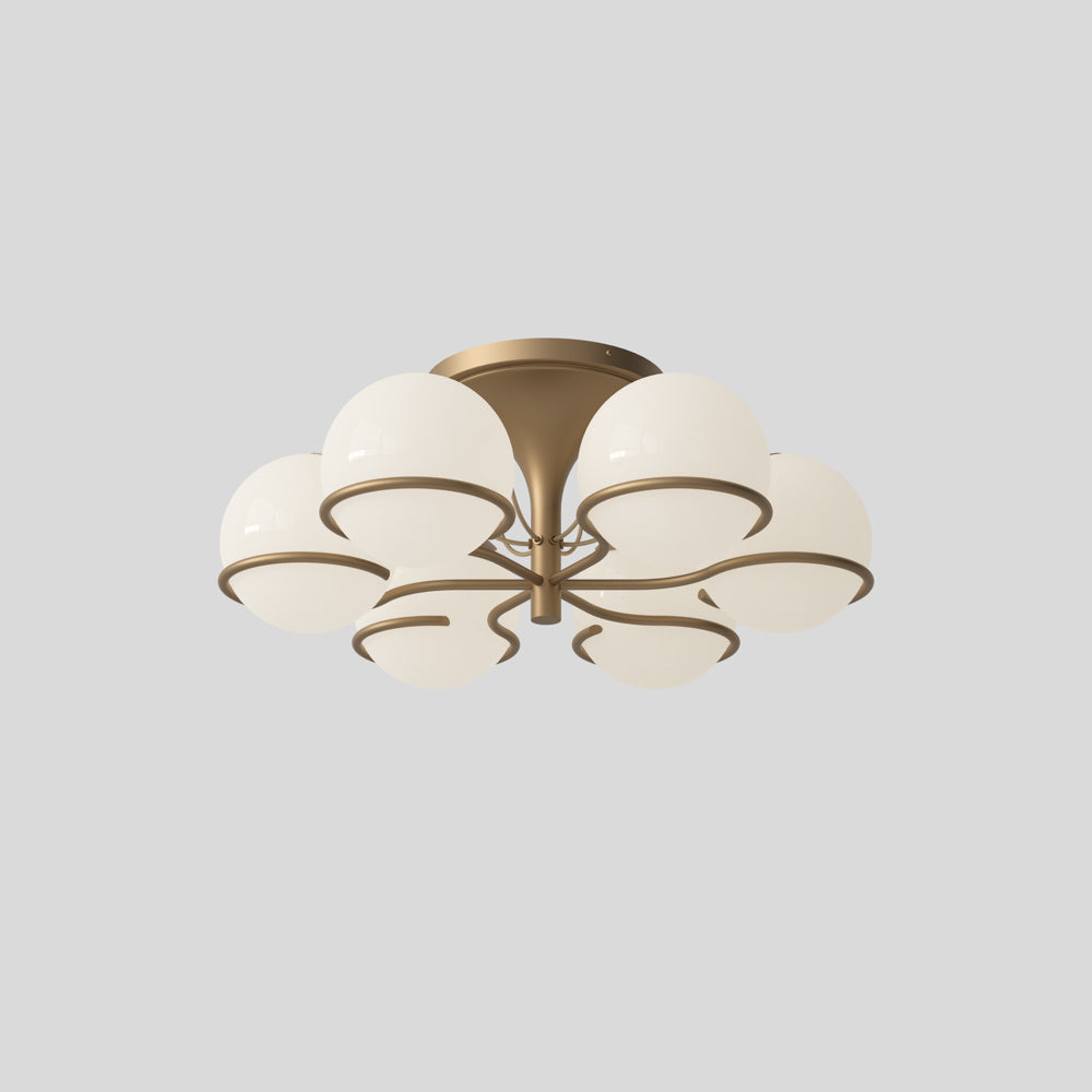 Astep Model 2042/6 Ceiling Lamp featuring six opaline glass globes arranged on an elegant brass frame, delivering mid-century style and soft ambient light.