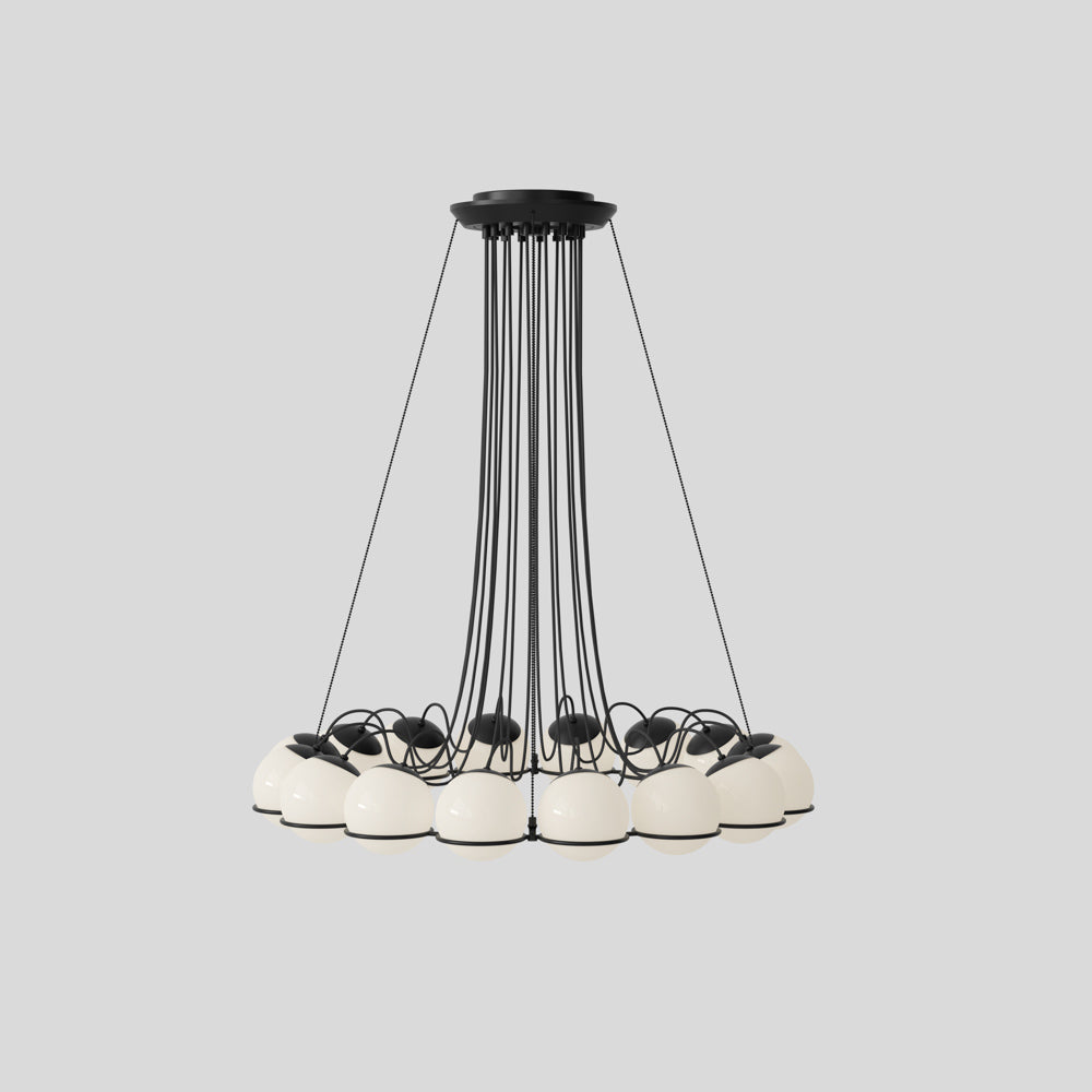 Astep Model 2109/16/14 Suspension Lamp featuring a sleek structure with multiple opaline glass spheres for a sculptural and modern lighting statement.