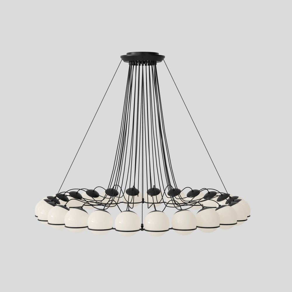 Astep Model 2109/24/14 Suspension Lamp featuring an airy structure with multiple opaline glass globes, offering sculptural elegance and soft ambient light.
