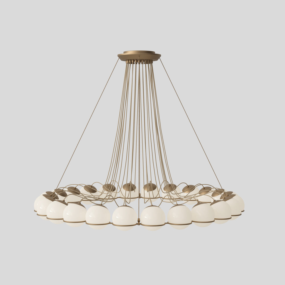 Astep Model 2109/24/14 Suspension Lamp featuring an airy structure with multiple opaline glass globes, offering sculptural elegance and soft ambient light.