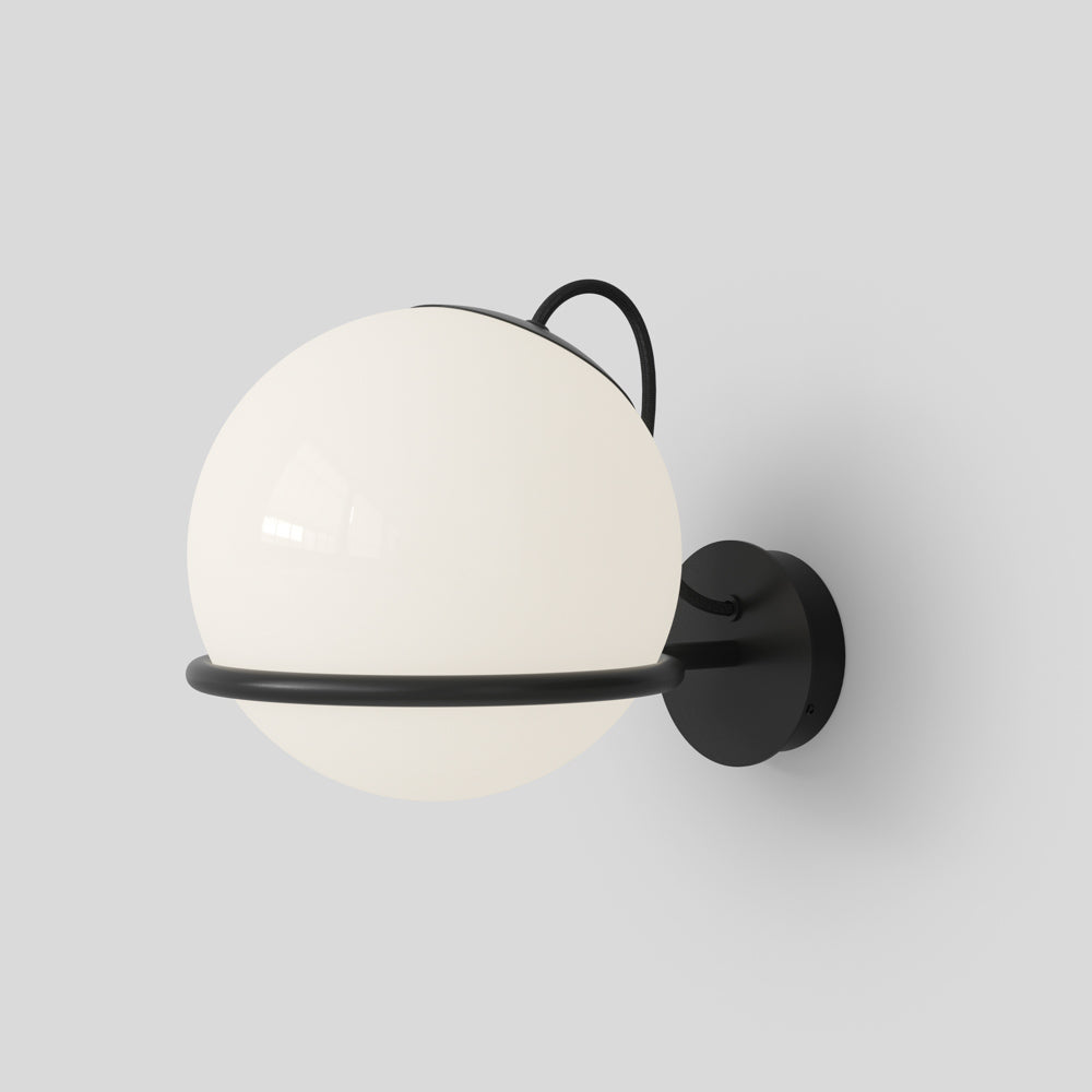  Astep Model 238/1 wall lamp featuring a single 20 cm opaline glass globe held by a refined steel ring on a rectangular backplate for modern elegance.