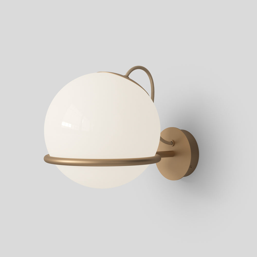  Astep Model 238/1 wall lamp featuring a single 20 cm opaline glass globe held by a refined steel ring on a rectangular backplate for modern elegance.