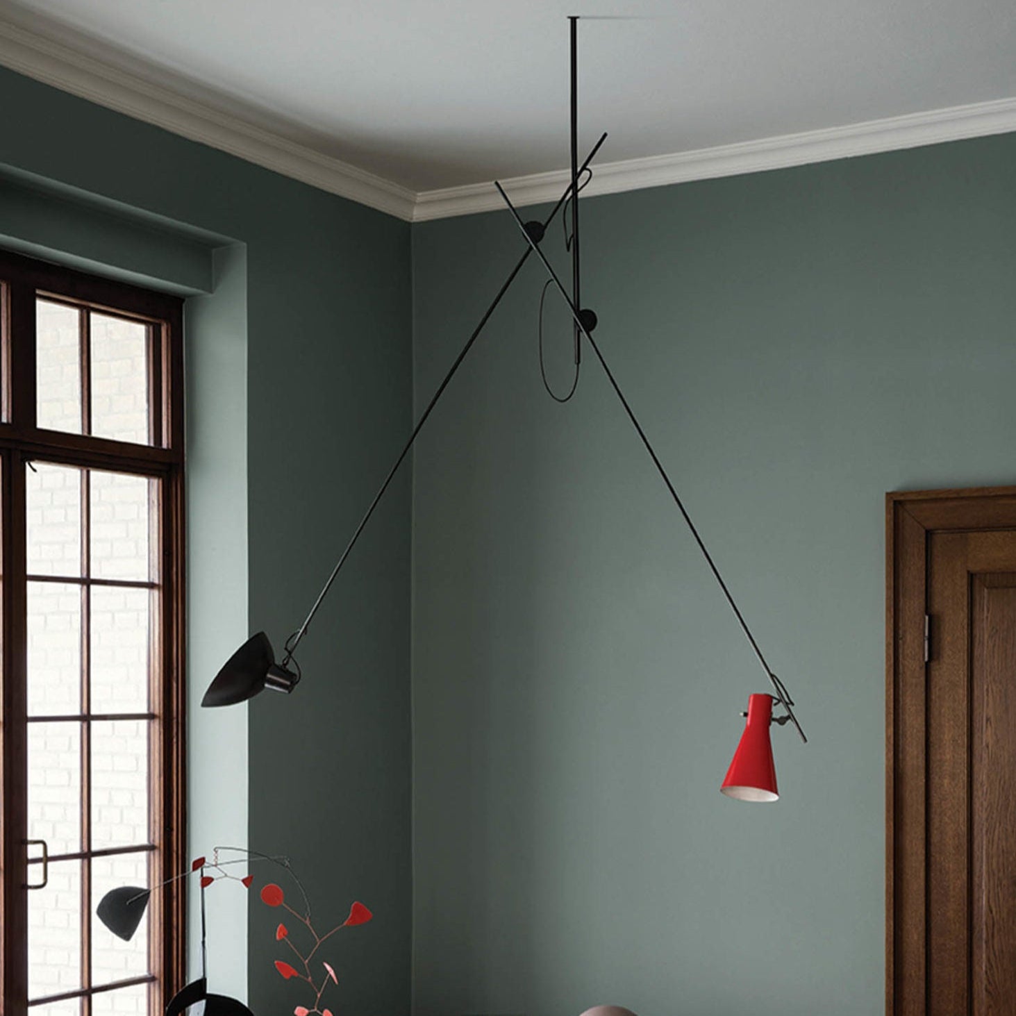 Astep VV Cinquanta Suspension Lamp with an adjustable spun aluminum reflector suspended by a brass rod, blending mid-century design with functional elegance.