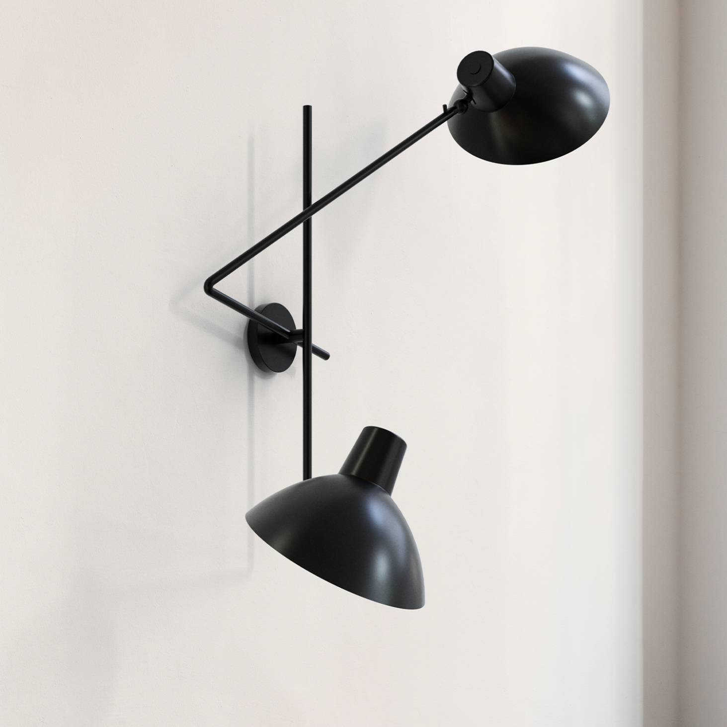 Astep VV Cinquanta Twin wall lamp with two adjustable spun aluminum reflectors on brass arms, combining mid-century elegance with functional lighting.