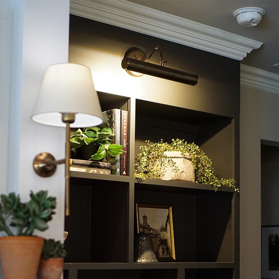 Modern interior with black shelving unit, wall lights, and decorative plants.