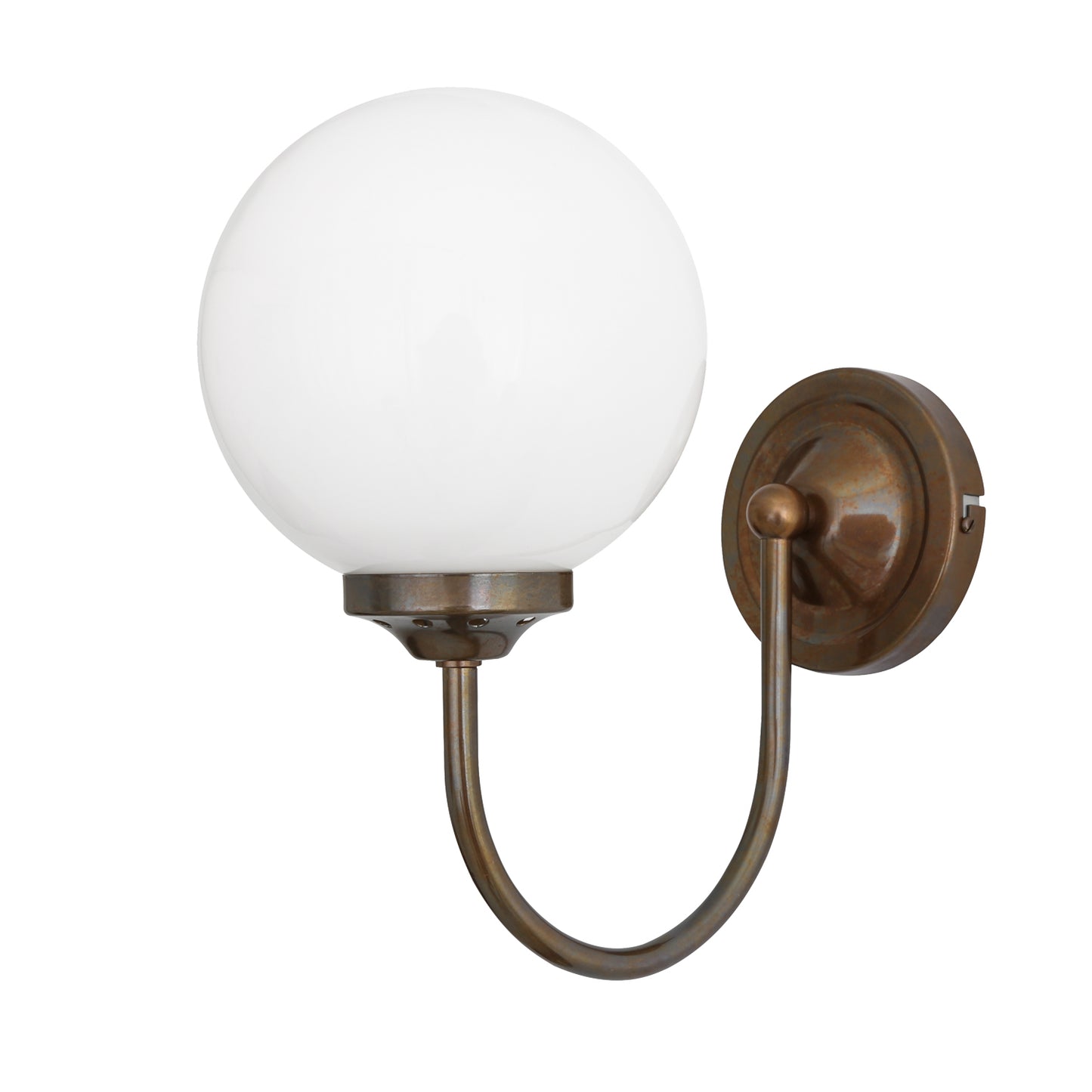 Wall-mounted light fixture with a white globe and bronze finish on a white background