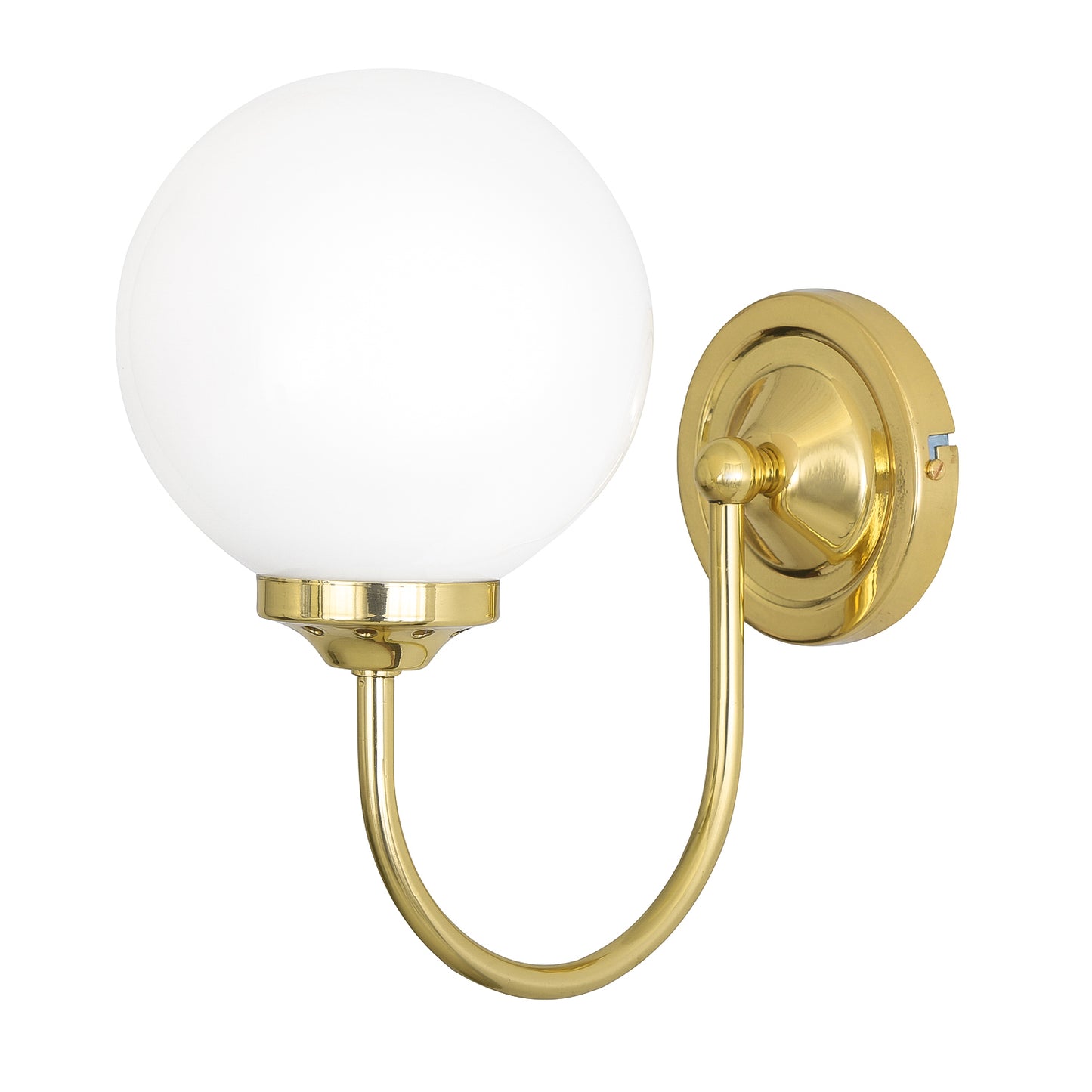 Wall-mounted light fixture with gold finish and white glass globe on a white background