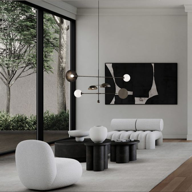 Sahn Chandelier by 101 Copenhagen with minimalist geometric structure and soft lighting, perfect for contemporary interiors.

