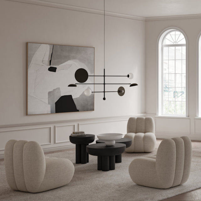 Sahn Chandelier by 101 Copenhagen with minimalist geometric structure and soft lighting, perfect for contemporary interiors.

