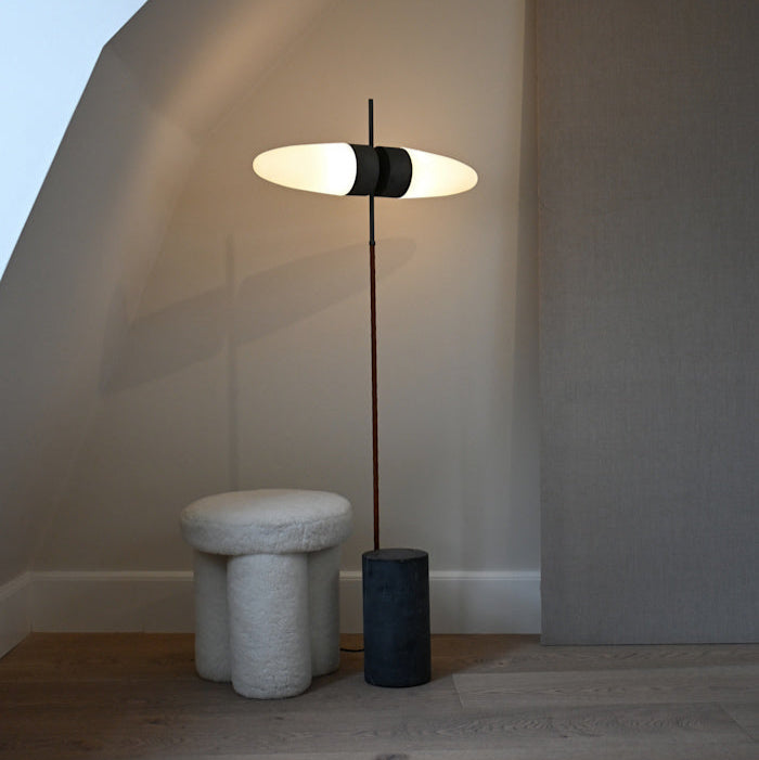 Bull Floor Lamp by 101 Copenhagen with its signature horn-shaped silhouette and twin opal glass shades standing tall in a contemporary interior.