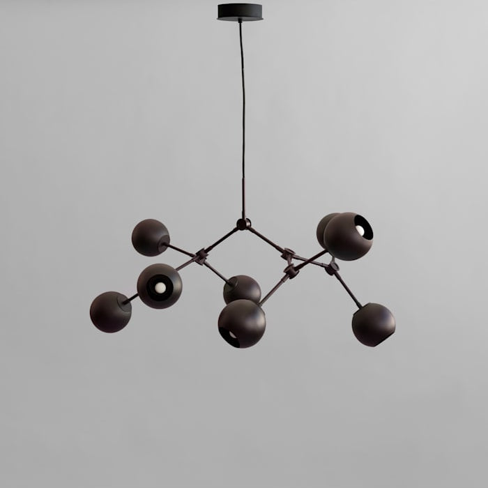 101 Copenhagen Drop Globe Chandelier Mini in chrome finish, showcasing 14 adjustable arms and a spherical metal shade, perfect for contemporary interiors.
