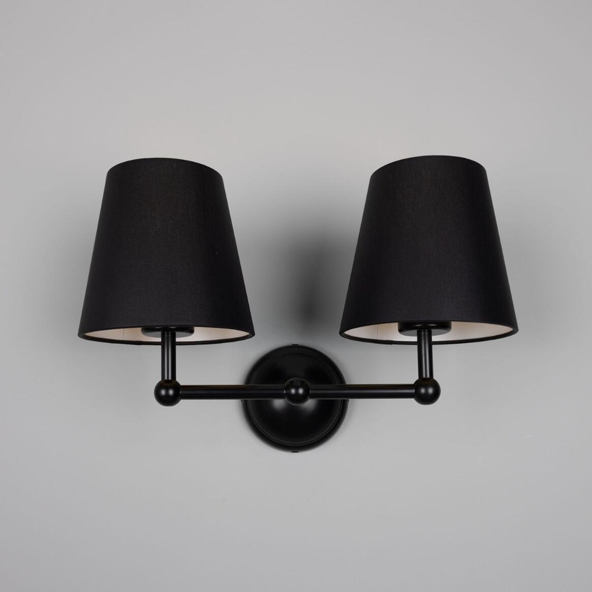 Busan Double Wall Lamp by Mullan Lighting with two brass arms and elegant shades, perfect for enhancing symmetry and style in any room