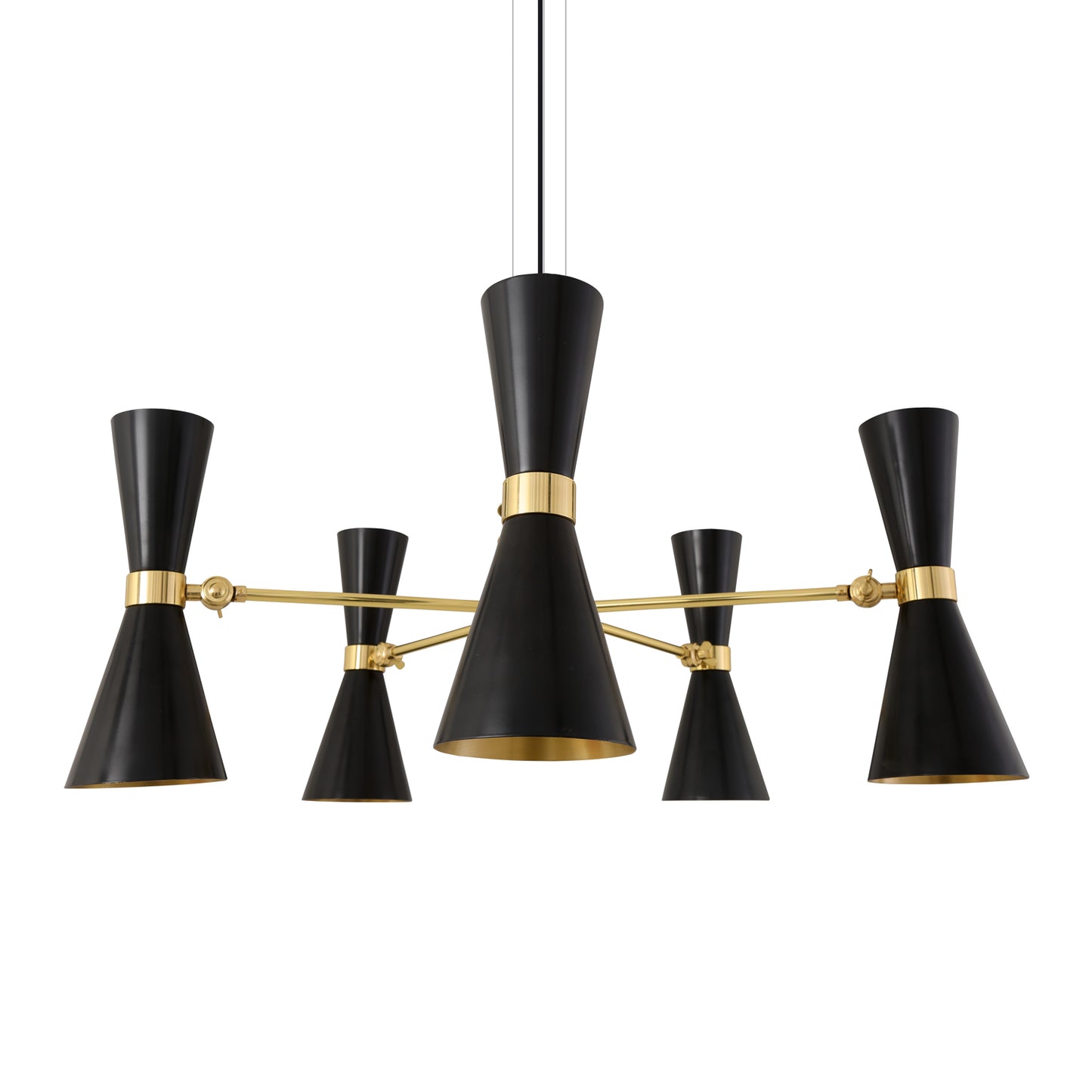 Modern chandelier with black and gold design on a white background