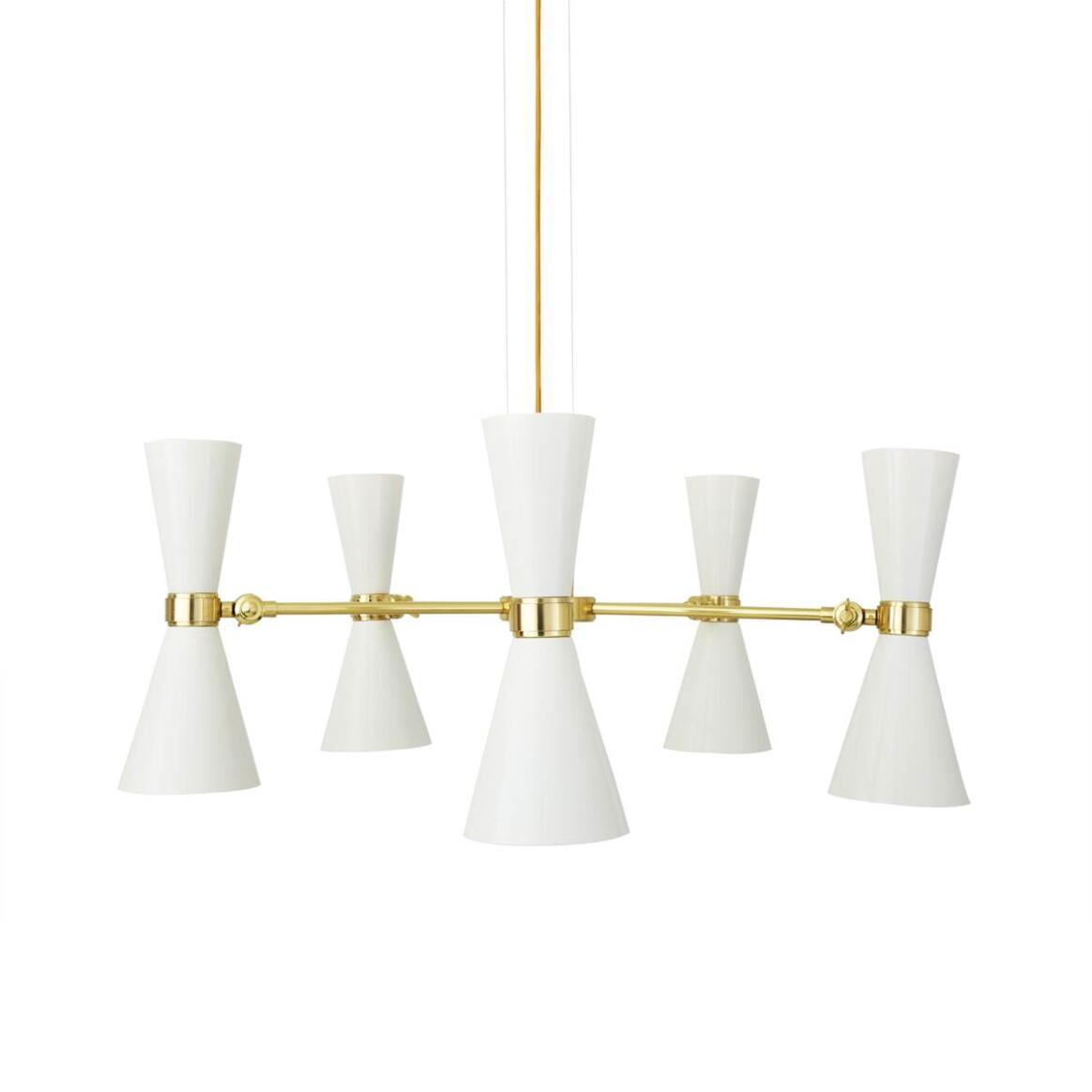 Modern chandelier with white lampshades and gold accents on a white background