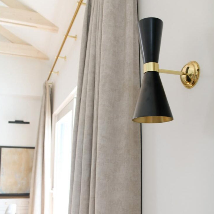 Cairo Double Cone Wall Lamp by Mullan Lighting with dual brass cone shades and sleek wall mounting, perfect for stylish and contemporary interiors