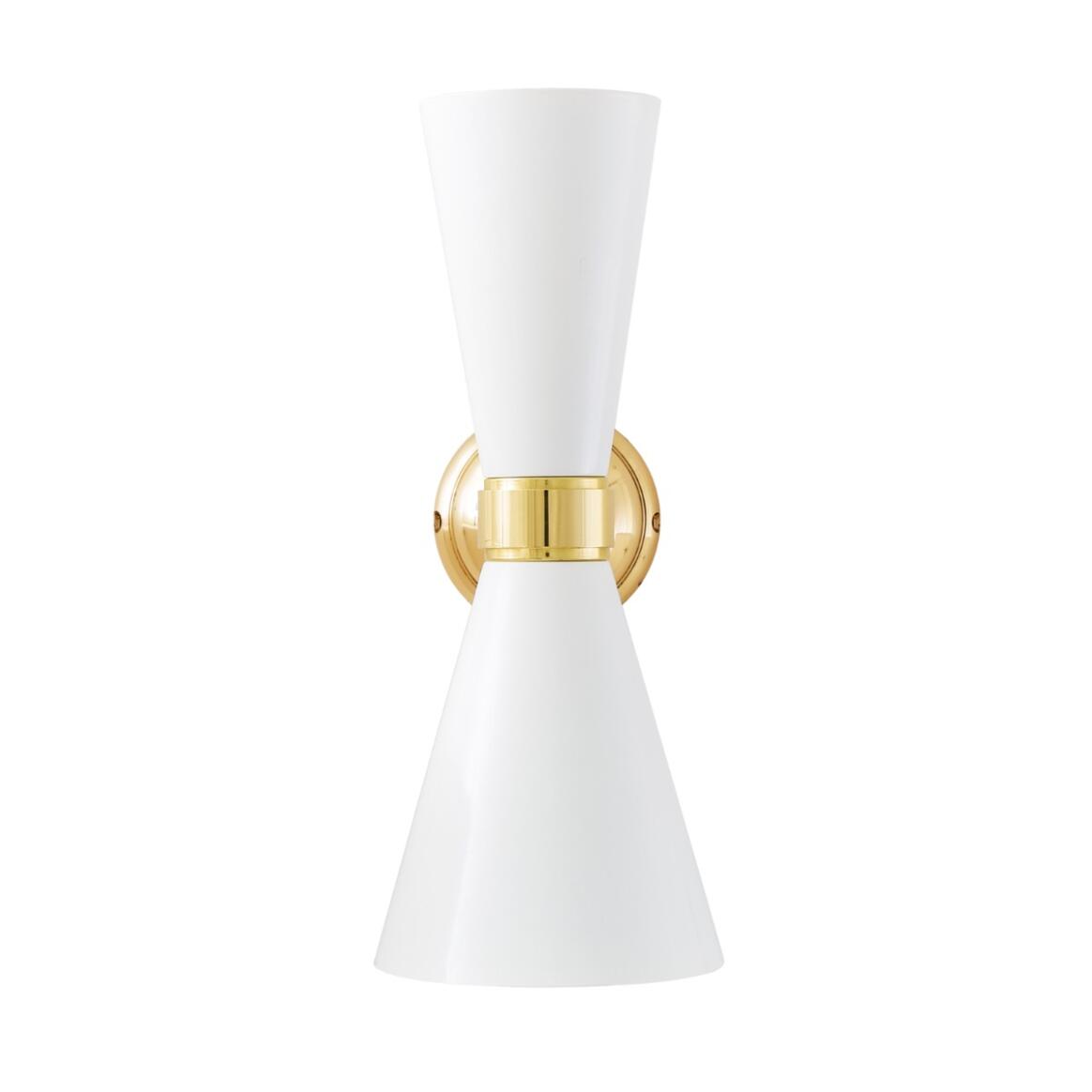 Wall sconce with white glass shades and gold metal accents on a white background