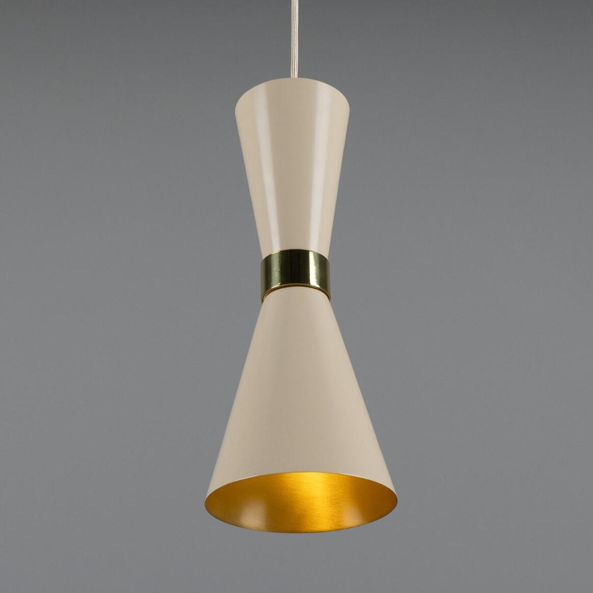 Pendant light with beige and gold design on a gray background