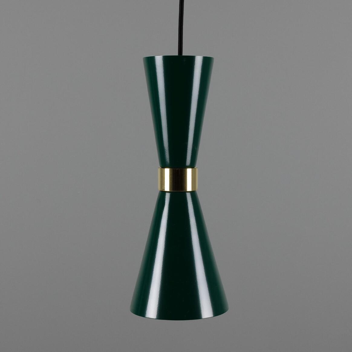 Green pendant light with gold accent on a gray background