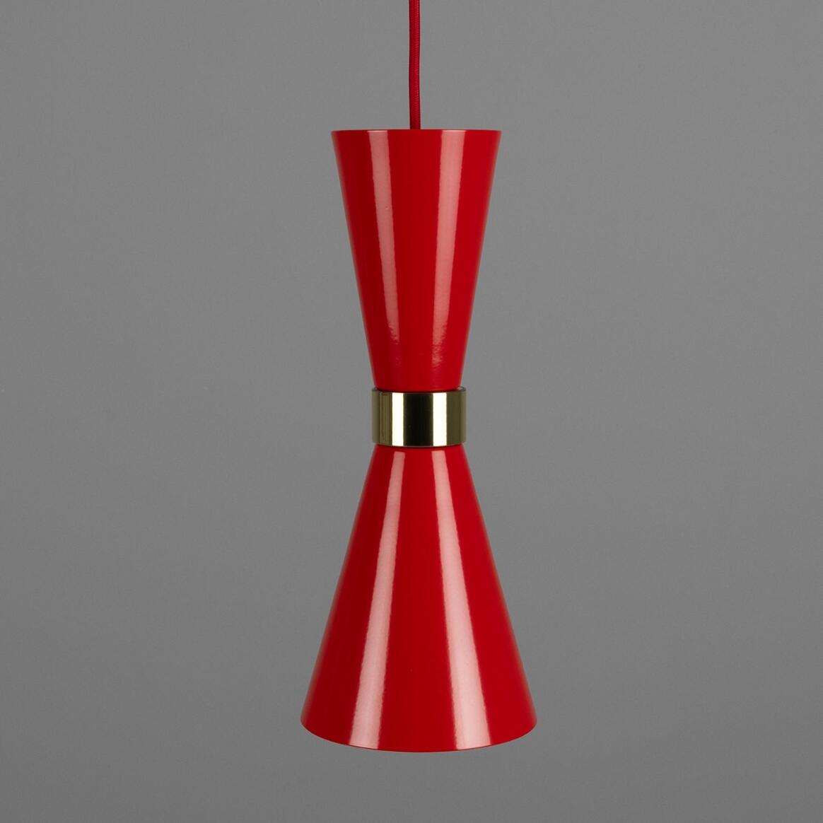 Red pendant light with gold accent on a gray background
