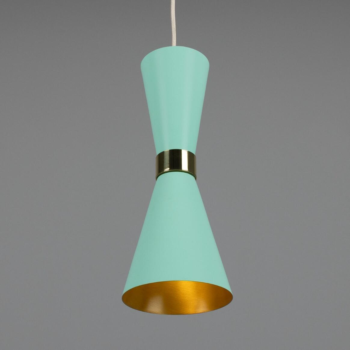 Turquoise pendant light with gold interior on a gray background