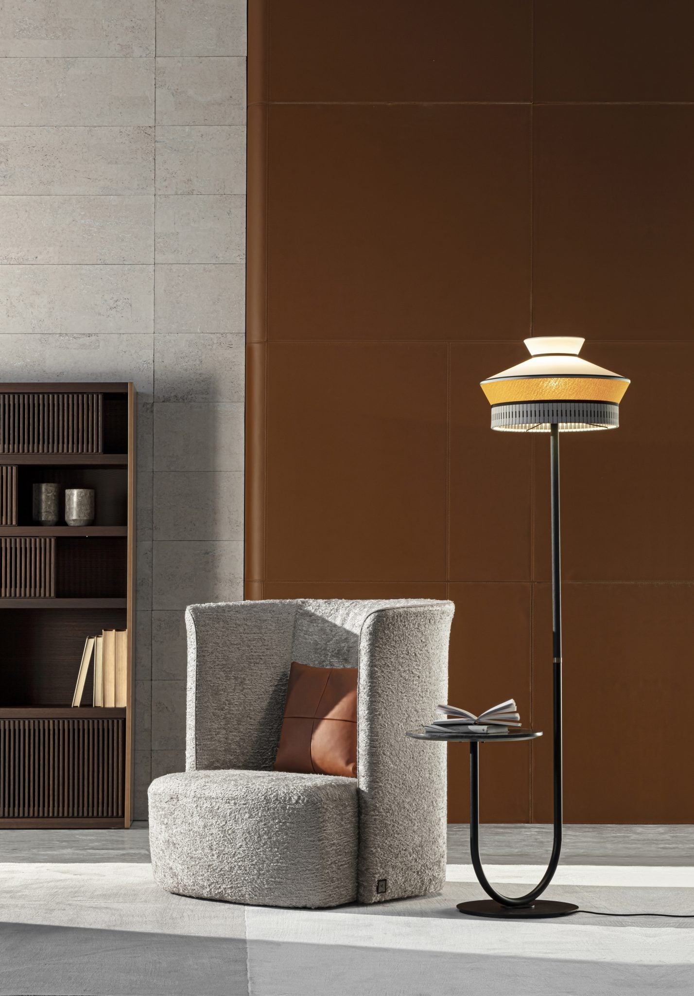 Calypso floor and table lamp by Contardi, luxury designer lighting with patterned fabric shade, elegant ambient light for modern interiors