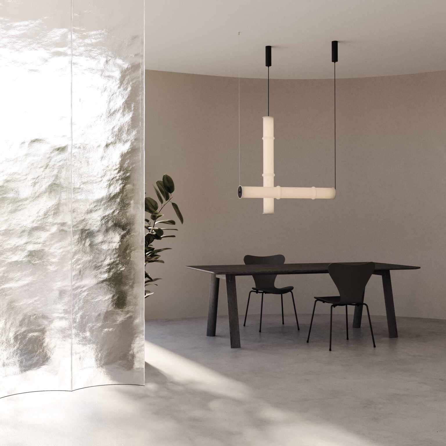 Elegant Canna Pendant Lamp featuring a minimalist tube-shaped form and soft diffused glow, crafted by Aromas del Campo.