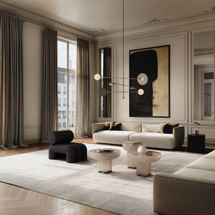 Sahn Chandelier by 101 Copenhagen with minimalist geometric structure and soft lighting, perfect for contemporary interiors.

