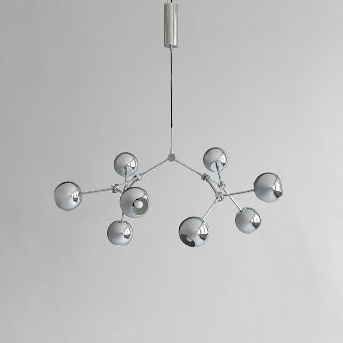 101 Copenhagen Drop Globe Chandelier Mini in chrome finish, showcasing 14 adjustable arms and a spherical metal shade, perfect for contemporary interiors.
