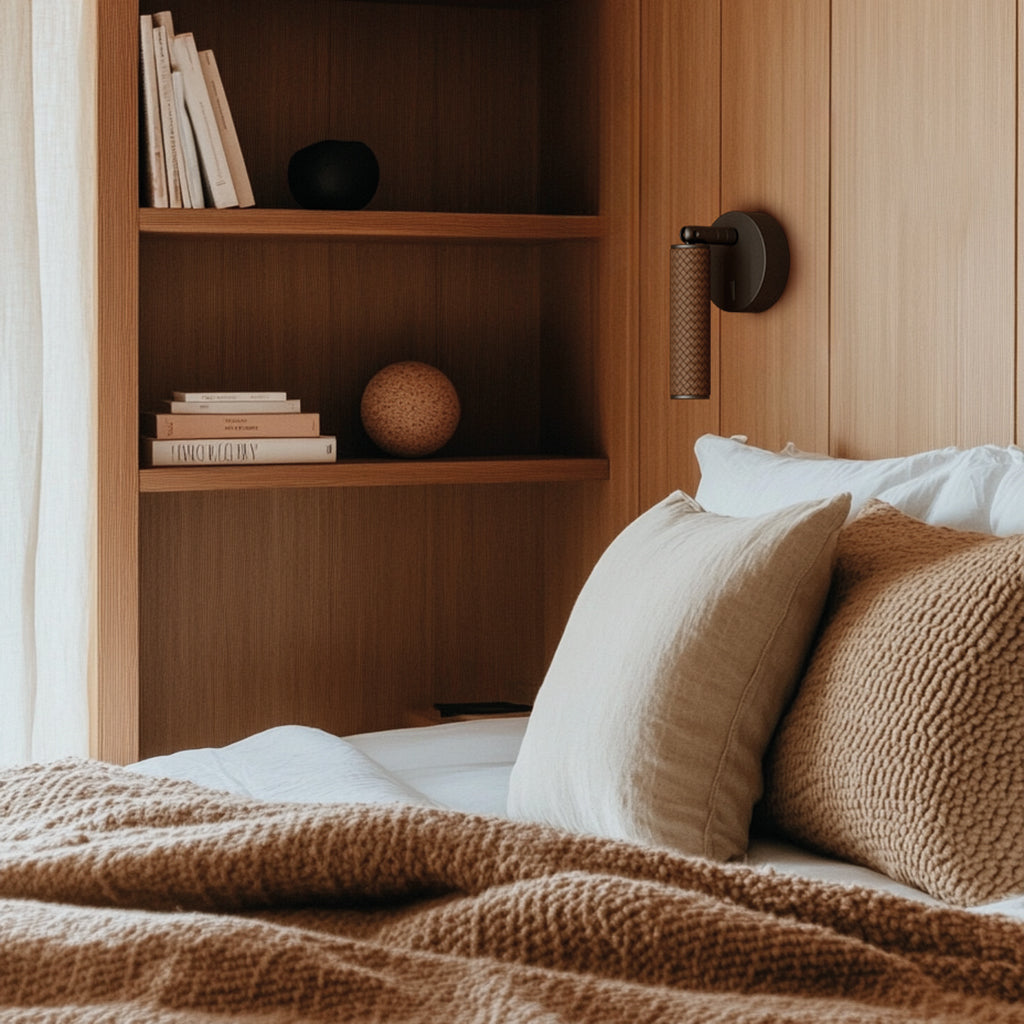 Bed with brown and beige pillows and blanket next to a wooden shelf with books and decor.