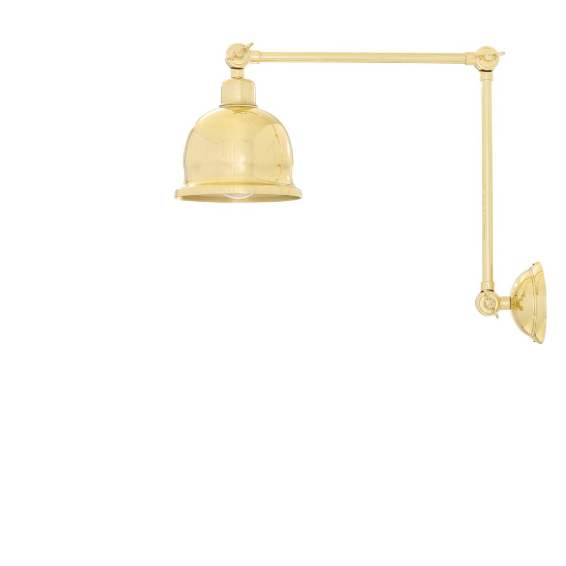Gold wall-mounted lamp with a long arm on a white background