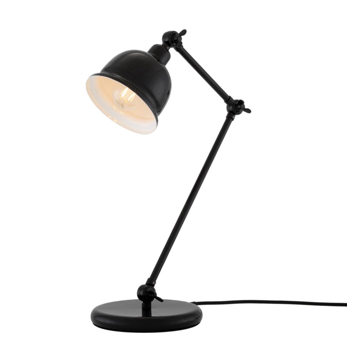 Black desk lamp with adjustable arm on a white background