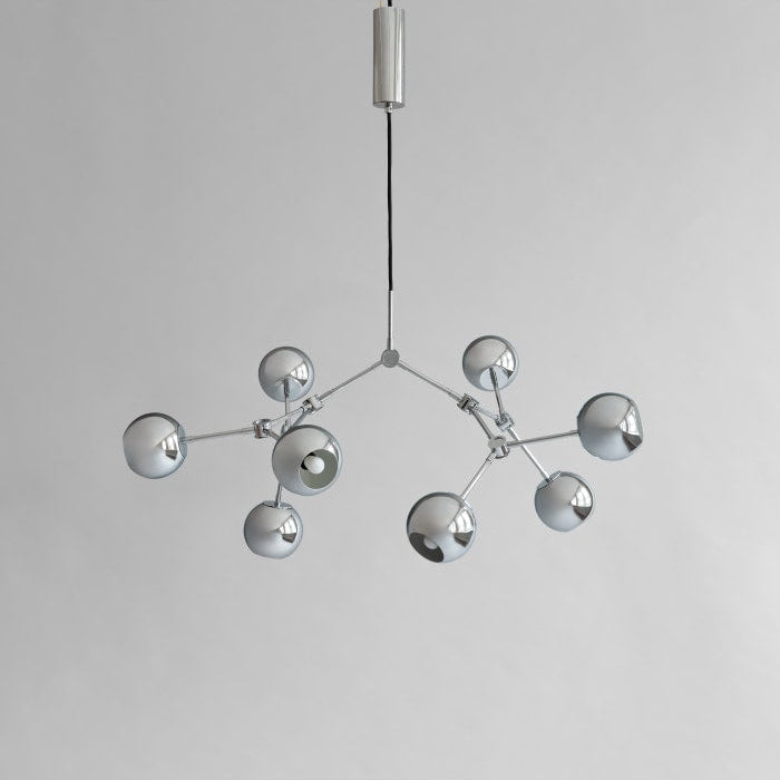 101 Copenhagen Drop Globe Chandelier Mini in chrome finish, showcasing 14 adjustable arms and a spherical metal shade, perfect for contemporary interiors.