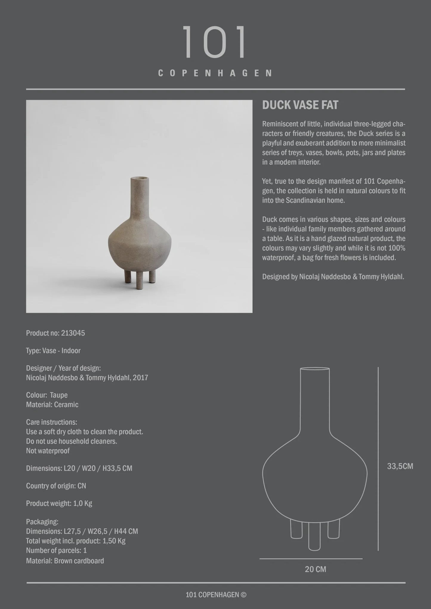 Duck Vase, Fat - Taupe by 101 Copenhagen