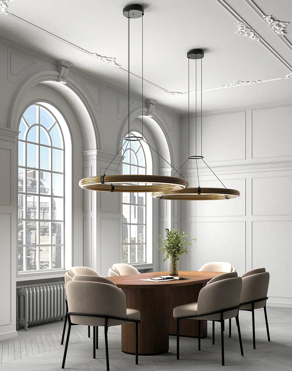 Elli Large Pendant Lights hanging in a Modern conference room with round wooden table and chairs and large windows.