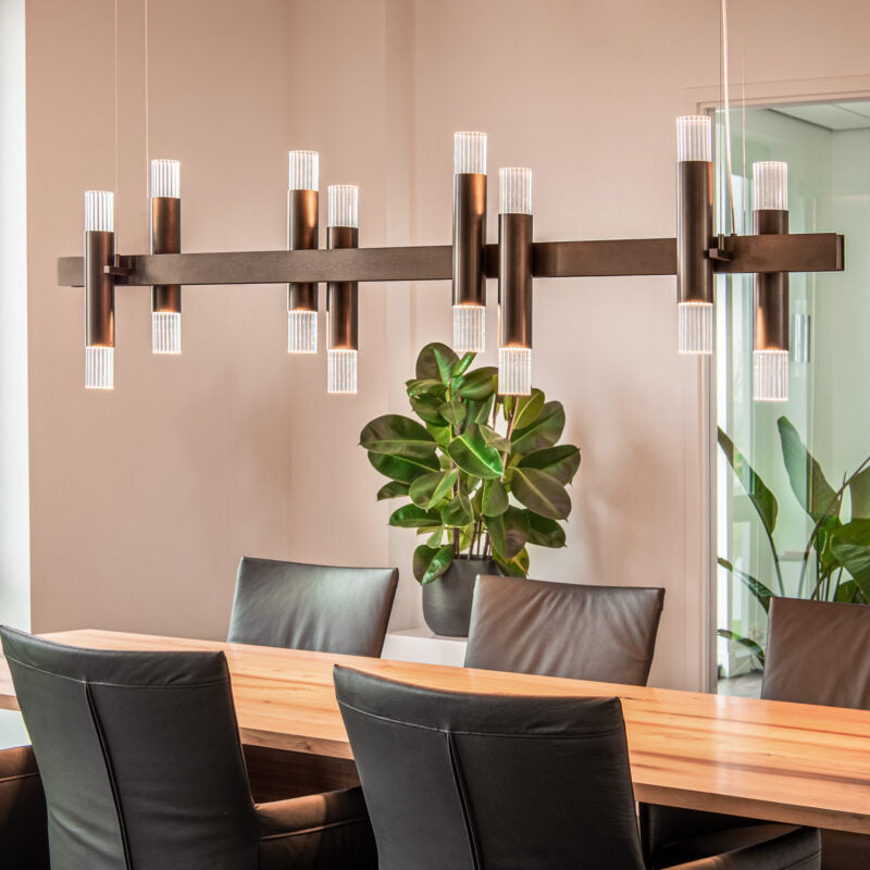 Embrace Linear H6+6 and H8+8 suspension by Ilfari, modern European designer linear lighting with sculptural luxury design for contemporary interiors