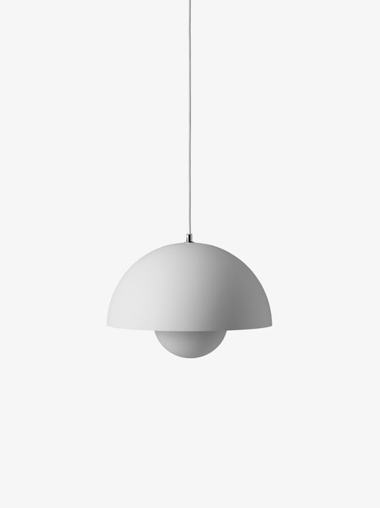 Close-up of the Flowerpot VP7 lamp highlighting its mid-sized dome and smooth lacquer finish.

