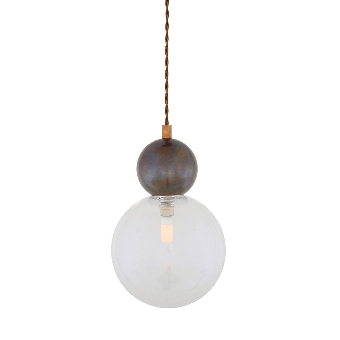 Helena Pendant Lamp by Mullan Lighting with a modern brass sphere and 15cm glass globe shade, available in clear or frosted glass for elegant interiors.
