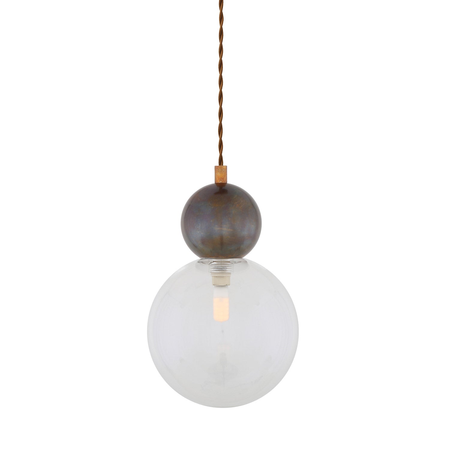 Helena Pendant Lamp by Mullan Lighting with a modern brass sphere and 15cm glass globe shade, available in clear or frosted glass for elegant interiors.