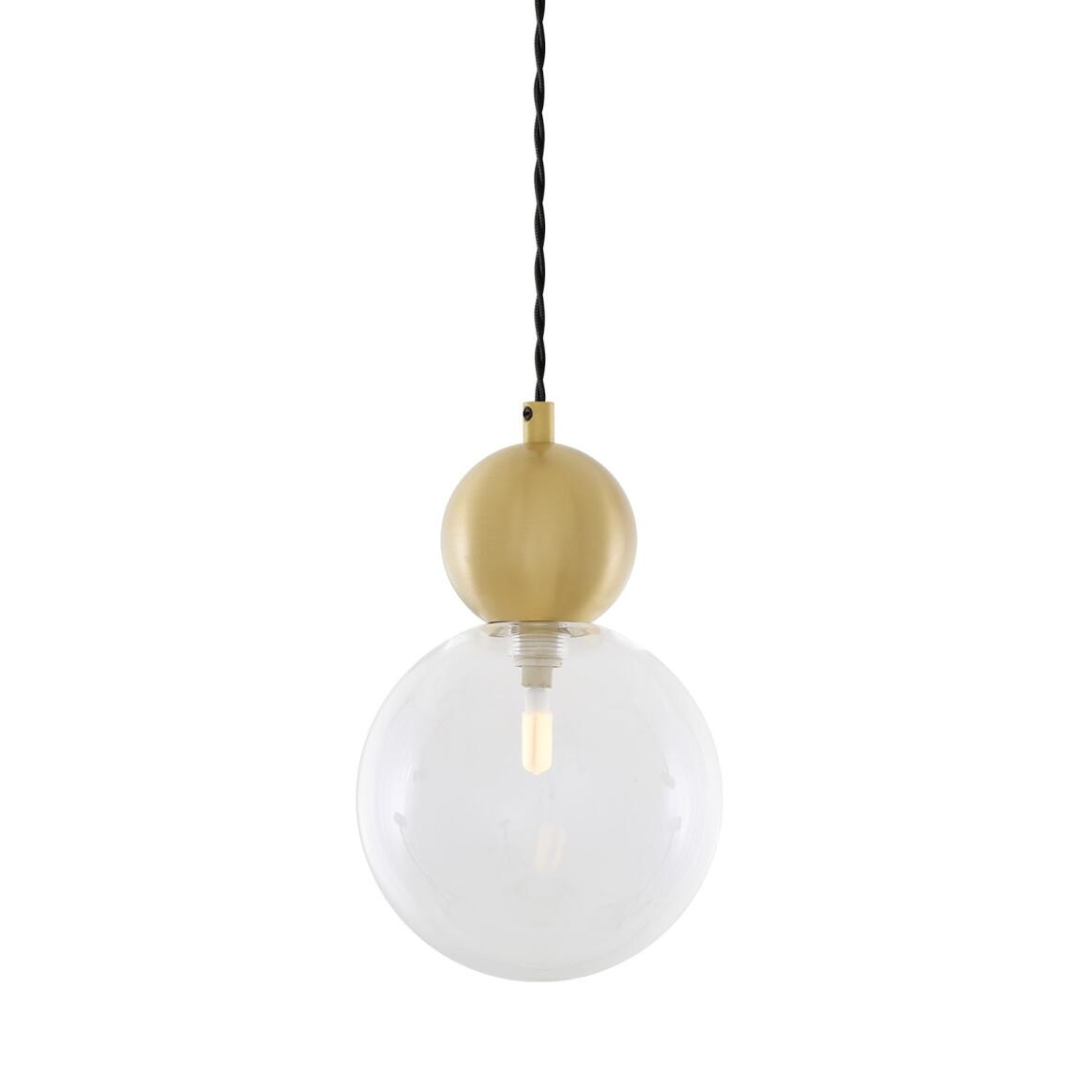 Helena Pendant Lamp by Mullan Lighting with a modern brass sphere and 15cm glass globe shade, available in clear or frosted glass for elegant interiors.