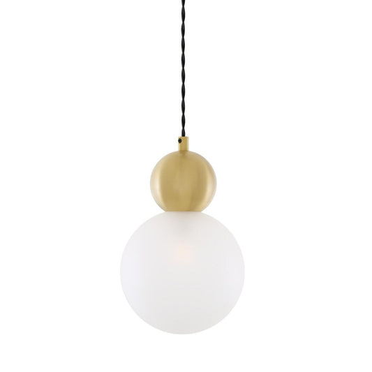 Helena Pendant Lamp by Mullan Lighting with a modern brass sphere and 15cm glass globe shade, available in clear or frosted glass for elegant interiors.