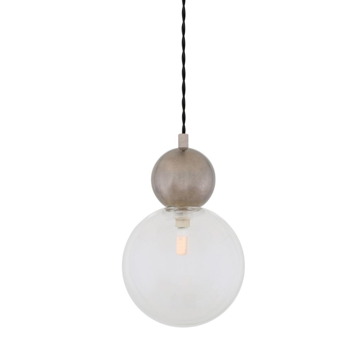 Helena Pendant Lamp by Mullan Lighting with a modern brass sphere and 15cm glass globe shade, available in clear or frosted glass for elegant interiors.