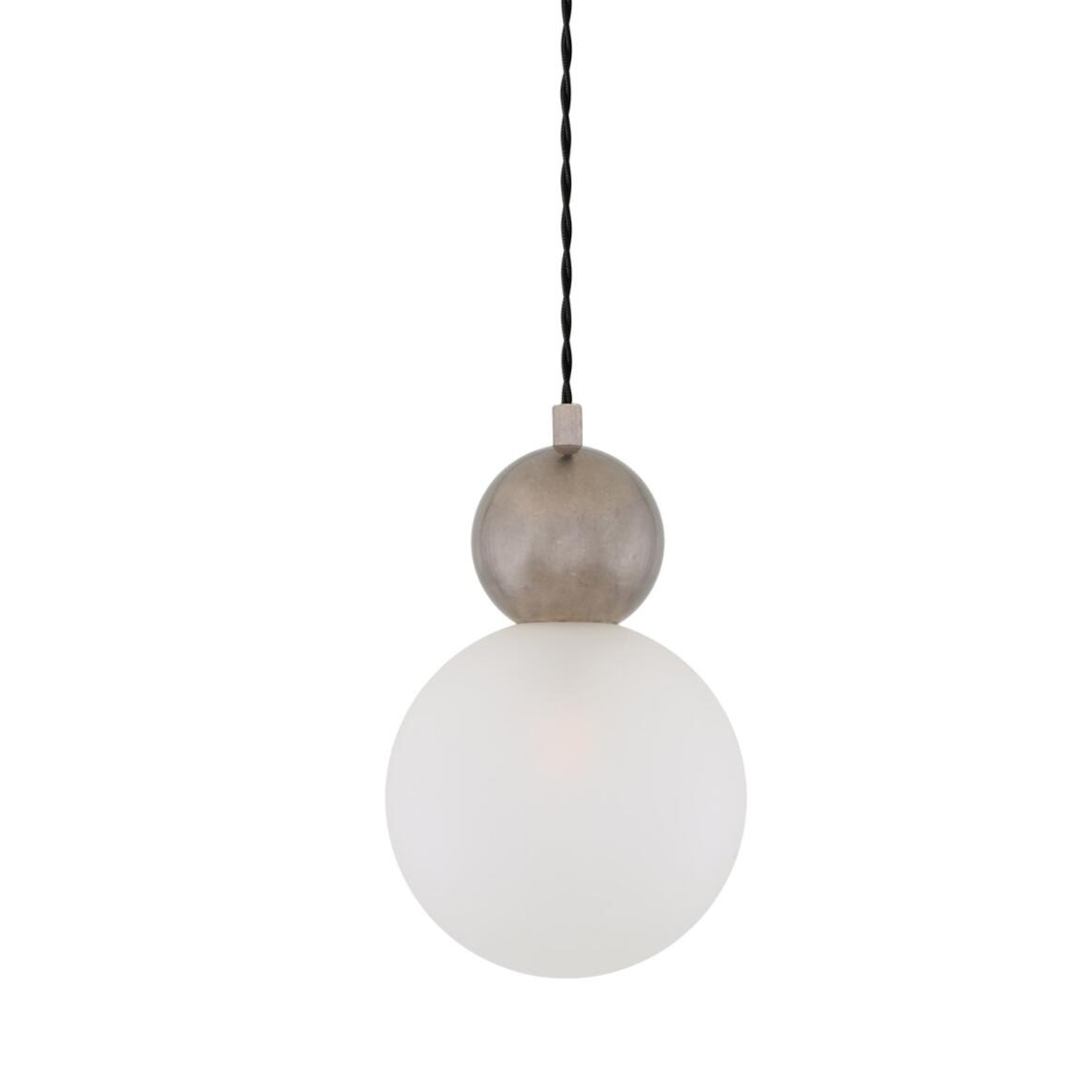 Helena Pendant Lamp by Mullan Lighting with a modern brass sphere and 15cm glass globe shade, available in clear or frosted glass for elegant interiors.