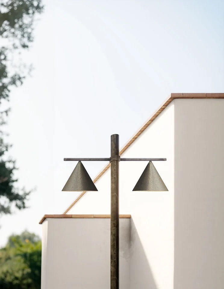 Minimalistic Outdoor Pole lights indoor, small exterior light Bollard, cone Post tall light fixtures, Contemporary lighting rustic outdoor finish, natural finish metal lighting for outdoor, Earthy light fixtures tall poles, exterior bollard floor lamps 