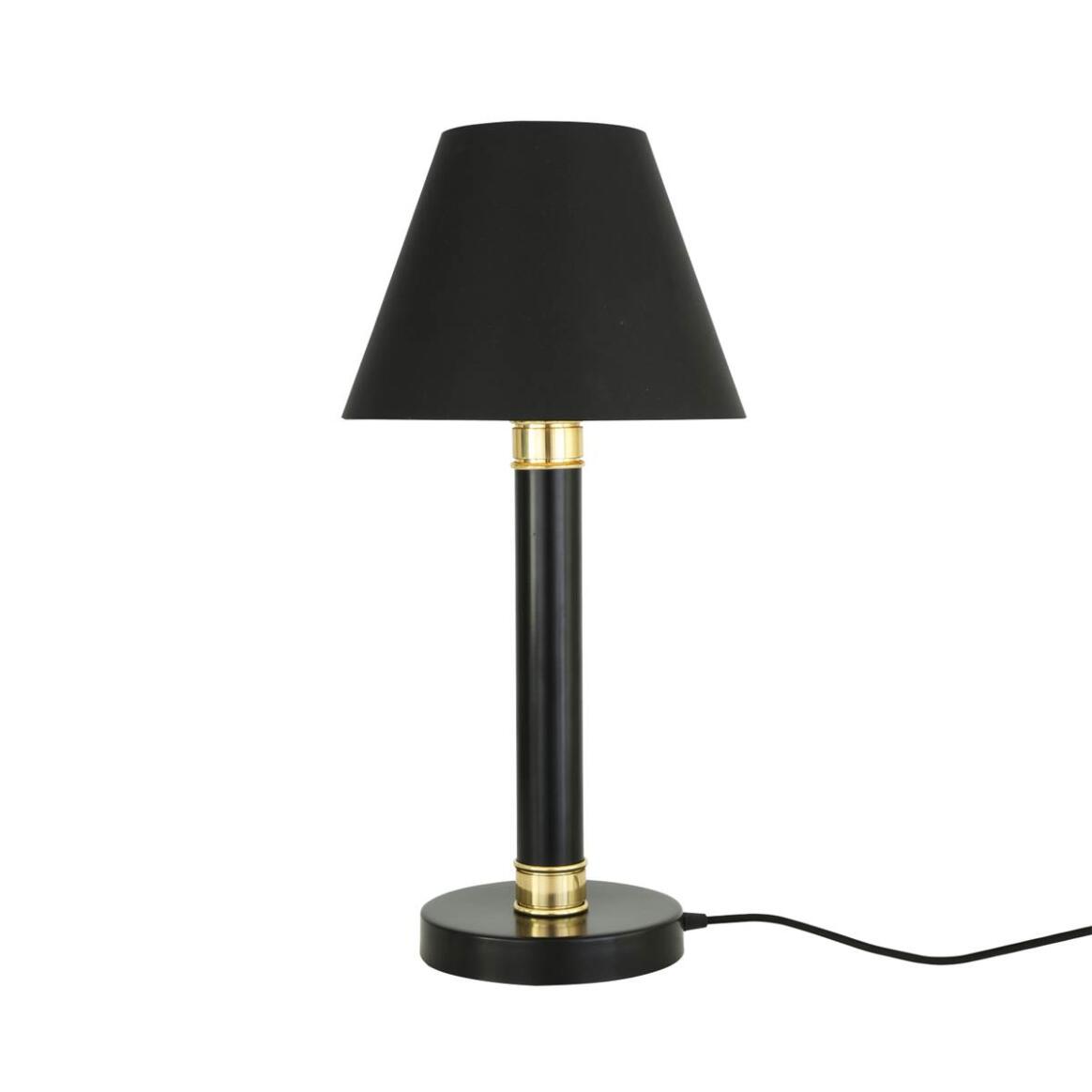Black table lamp with gold accents on a white background