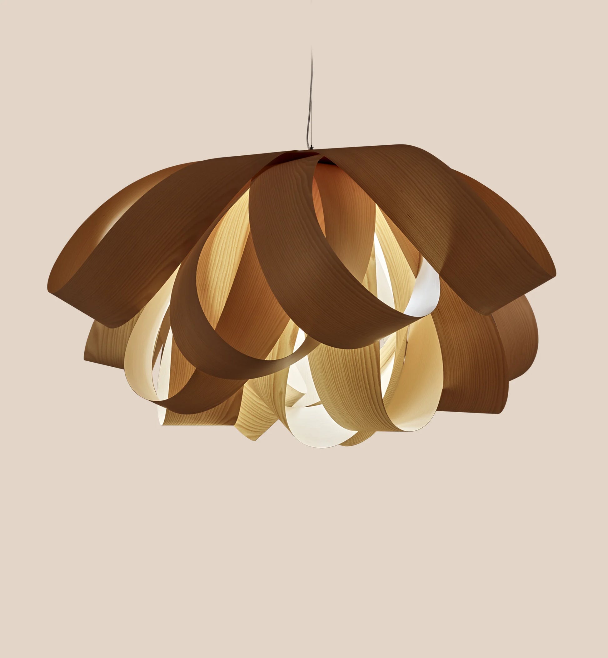 large suspension light in wood veneer