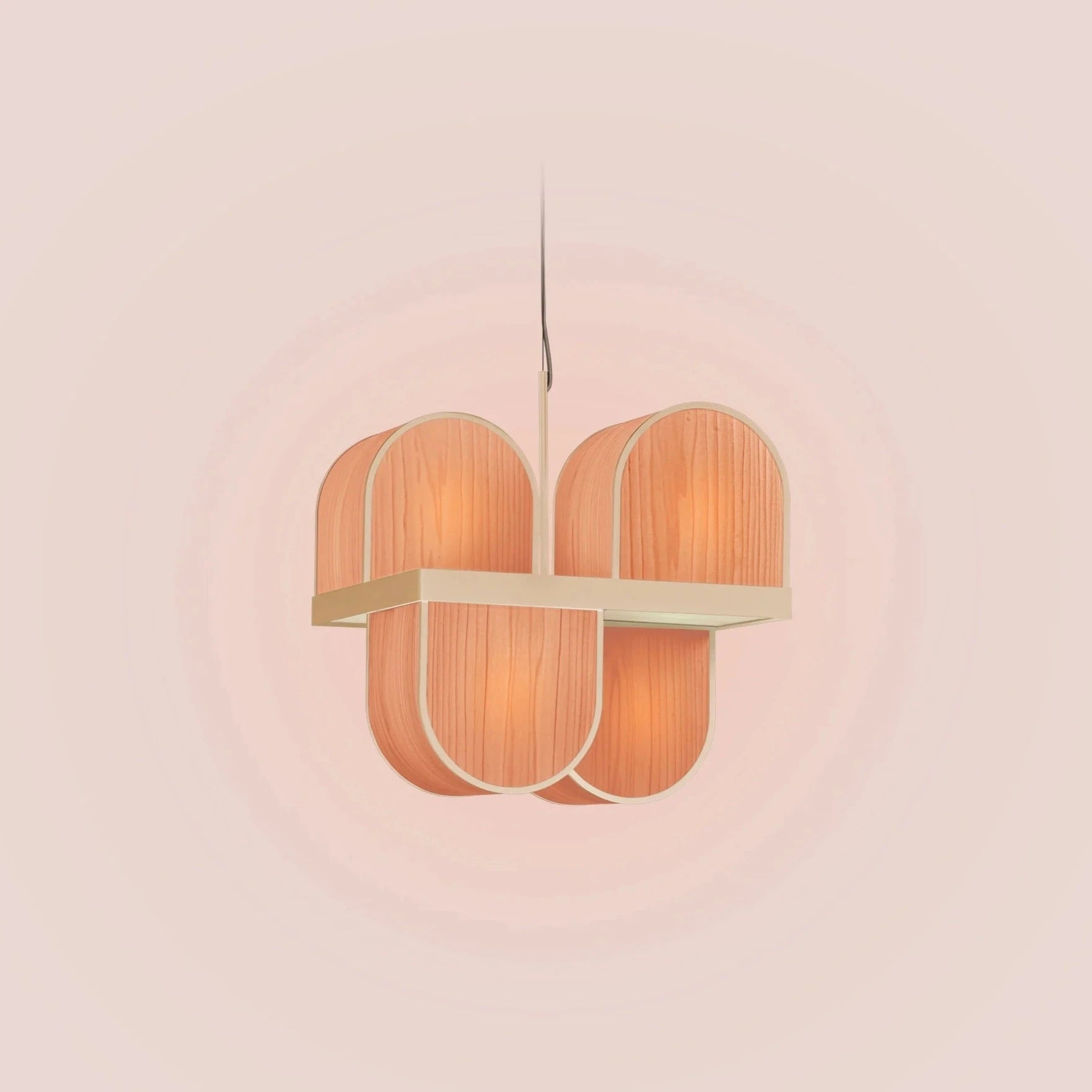Wood Veneer Pink Suspended light. Bauhaus lighting. bauhaus design with midcentury Modern natural veneer