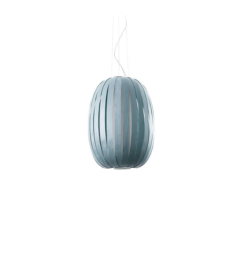 blue wooden suspended light. Best lighting. large pendant. ceiling light brands.