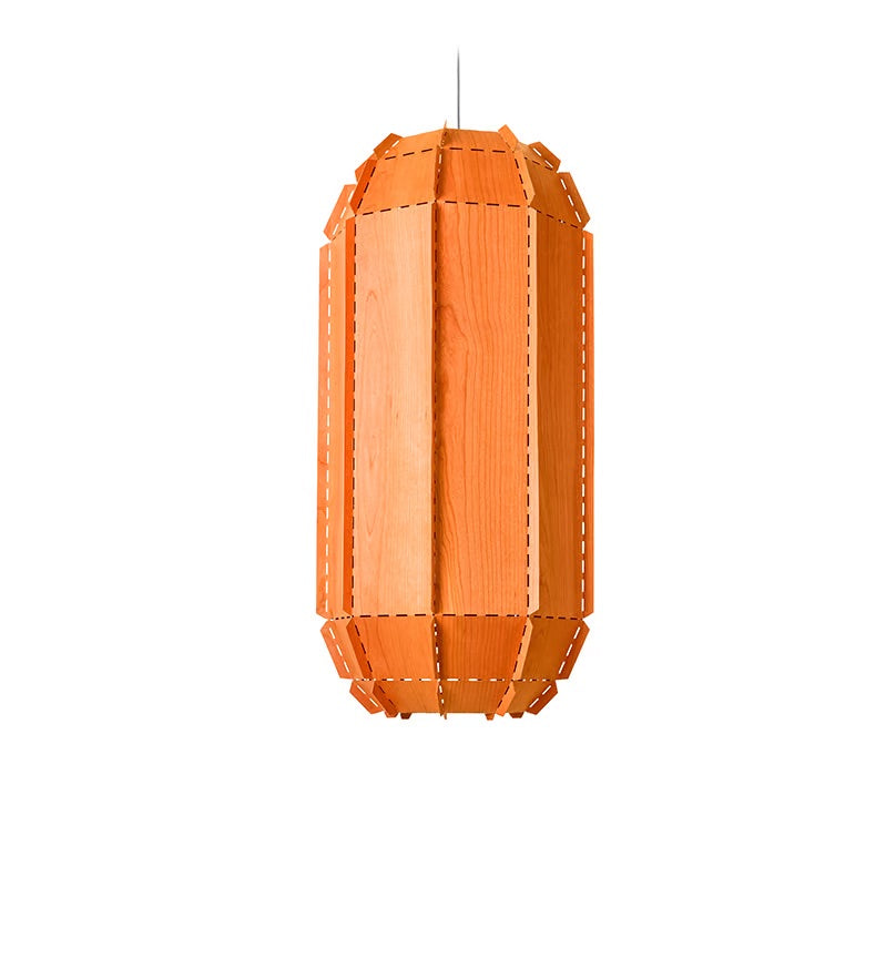 Orange Natural Wood Large pendant.  wood suspended light for Workshop.