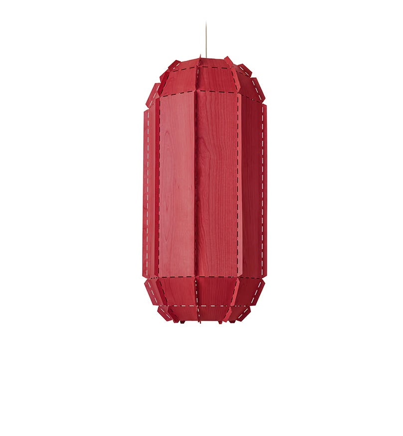 red Natural Wood Large pendant.  wood suspended light for Workshop.